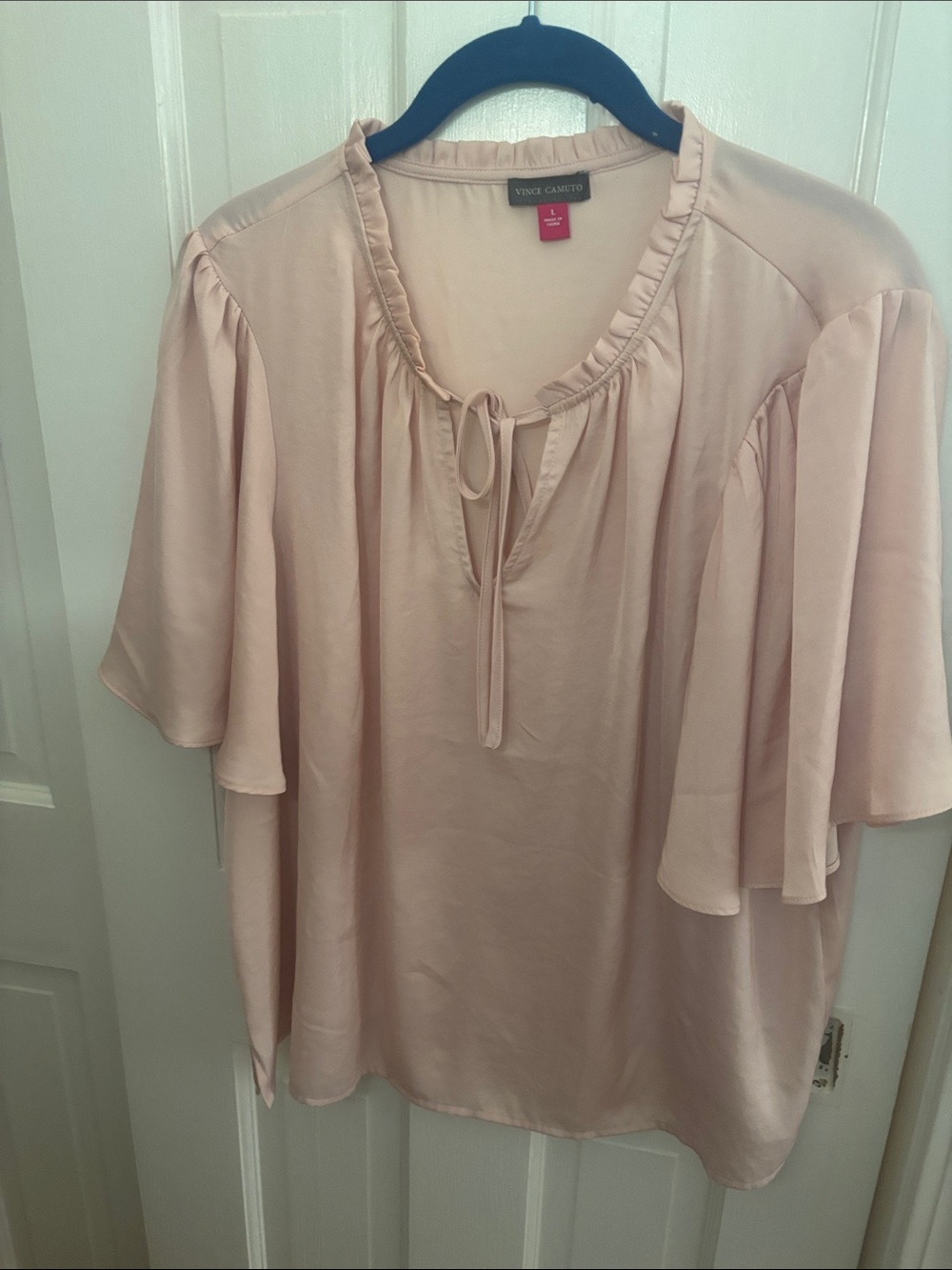 Vince Camuto Soft Blush Tie-Front Ruffle Neck Blouse